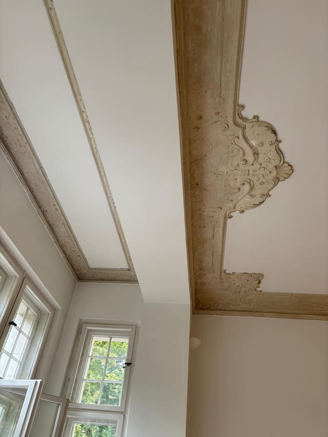 Close-up of ornamental ceiling moulding under repair