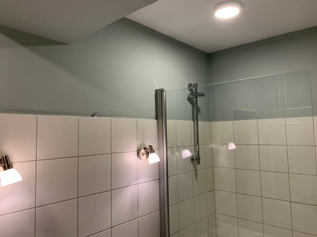 Finished bathroom with pale green walls, white metro tiles and glass shower screen